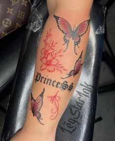 a woman's arm with tattoos on it and the words princess written in black ink