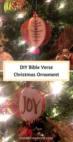 a christmas ornament with the words diy bible verse on it hanging from a tree