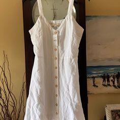 White Dress With Brown Buttons Button Dress, Size 8 Dress, Loft Dresses, White Linen, Colorful Dresses, White Dress, Color White, Loft, Womens Dresses