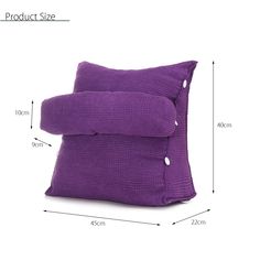 the purple pillow has buttons on it and is size guide for each pillow in this image