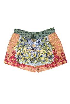 Step into style with these multi-print Clover Canyon shorts in a playful mix of green, blue, tan, and pink. Perfect for cocktails, date night, or that extra "it girl" touch in your vacay wardrobe. This trendy, fun pattern is a must-have for your weekend essentials. Wear with your favorite raffia sandals and toss a sweater or denim jacket over your shoulders for those breezy beach days! Size XS Made in USA 100% Polyester Front zipper closure and clasp Two invisible side pockets Waist 30" Length 12.5" Inseam 2.25" Summer Floral Print Patterned Bottoms, Chic Patterned Bottoms For Vacation, Multicolor Printed Bottoms For Summer, Chic Green Printed Bottoms, Green Vibrant Print Casual Bottoms, Casual Green Bottoms With Vibrant Print, Spring Multicolor Printed Bottoms, Chic Patterned Summer Bottoms, Multicolor Floral Print Beachwear Shorts