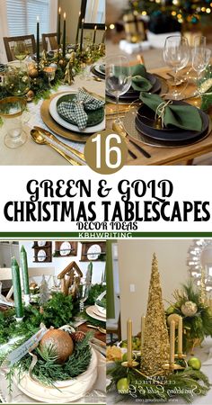 green and gold christmas tablescapes with text overlay