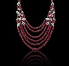 Tudor Rose ruby and white diamond leaf festoon necklace, created in 18ct white gold. Matching earrings available. Also in emerald and sapphire. Dancing Diamond Pendant, Jwellary Design, Festoon Necklace, Kundan Jewellery Bridal, Dancing Diamond, Tudor Rose, Diamond Necklace Designs