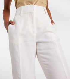 Rhein high-rise linen and wool-blend flared pants in white - Gabriela Hearst | Mytheresa Modern Linen Wide Leg Pants For Summer, Fitted Linen Wide Leg Pants, Classic White Flare Bottoms, Modern Wide-leg Linen Pants, Modern High-waisted Linen Wide Leg Pants, Modern Linen Trousers, Modern Linen Wide-leg Pants, Modern Linen Wide Leg Pants For Workwear, Chic Cream Pants With Straight Hem