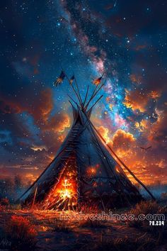 This breathtaking image portrays a Native American teepee illuminated by a blazing fire beneath a starry night sky. The Milky Way stretches across the heavens, painting the scene with cosmic wonder, while streaks of warm, golden clouds frame the twilight horizon. Flags flutter atop the teepee, their silhouettes stark against the celestial backdrop. The firelight casts a glowing warmth over the surrounding grasses, blending seamlessly with the vibrant hues of the night. This composition embodies the sacred connection between Earth and the cosmos, evoking harmony, spirituality, and the timeless beauty of tradition. Golden Clouds, Native American Teepee, A Starry Night, The Milky Way, Starry Night Sky, Forest Wall Art, Native American History, Camping Art, The Heavens