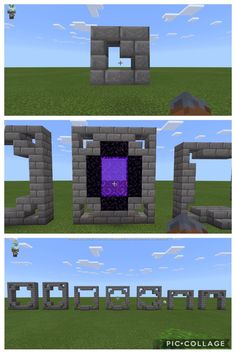 three different views of the same area in minecraft, one with a purple door