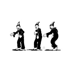 three clowns in black and white are dancing