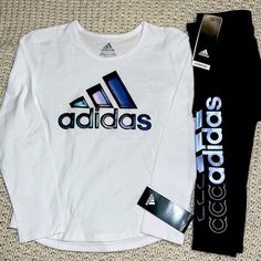 Brand New, With Tags Girl’s Adidas 2 Piece Matching Set White Long Sleeve With Matching Black Leggings Size 6x Beautiful Color Accents Color Accents, Adidas Girl, Adidas White, White Adidas, 2 Piece Set, White Long Sleeve, Accent Colors, Matching Sets, Black Leggings