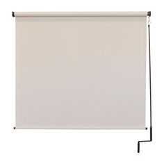 a white roller blind on a black metal frame with an extra long rod and the top half closed