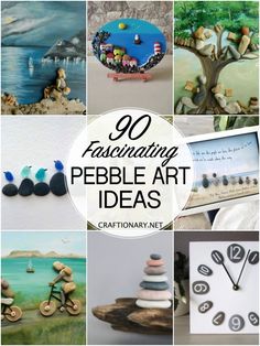 there is a collage of pictures with the words, 20 fascinating pebble art ideas