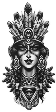 a black and white drawing of a woman with feathers on her head