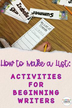 a pile of writing paper with the title how to make a list activities for beginning readers