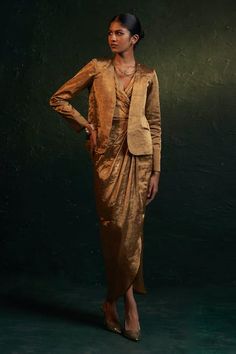 Buy Gold Silk Tissue Plain Open Full Sleeve Blazer For Women by Charkhee Online at Aza Fashions. Tissue Cloth Dresses, Tissue Fabric Dress Design, Fancy Dress Patterns, Gold Drapes, Nyc Photoshoot, Lehenga Saree Design, Drape Jacket, Drape Dress, Long Dress Design