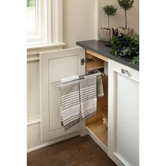 an open cabinet with towels and plants in it