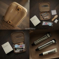 the contents of a travel bag are shown in four different views, including an open case