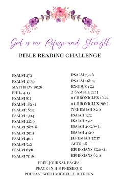 the bible reading challenge is shown in purple and pink flowers