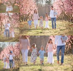 a family walking through the park in bloom