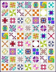 a colorful quilt with many different designs on it