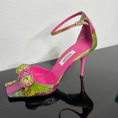 Cute Multicolored Sandals, A Part Of The Flower Is Missing, See The Photos For Details. Pink And Green Heels, Playful Green Synthetic Sandals, Retro Multicolor Open Toe Heels, Multicolor Embellished Open Toe Heels, Green Open Toe Sandals With 4-inch Heel, Moschino Shoes, Square Toe Sandals, Toe Sandals, Snake Skin