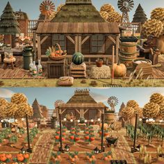 an animated farm scene with pumpkins, hay and other things in the yard on display