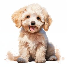 a white dog sitting down with its tongue out