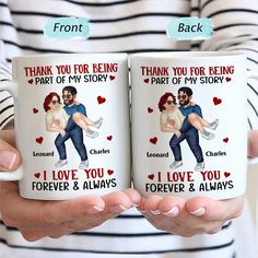 two people holding coffee mugs with the words, thank you for being part of my story