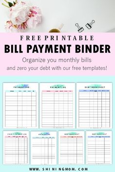 the free printable bill payment binder is shown with pink flowers and scissors on it