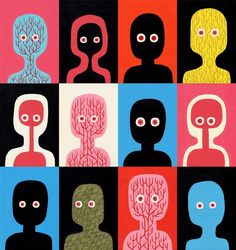 an image of people with different colored faces on black and pink squares in the background