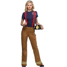 a woman in overalls and firefighter's hat posing for the camera with her hand on her hip