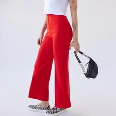 We Love These Fabulous Flattering Retro Red Naya High-Waisted Flare Pants! 95% Polyester 5% Spandex Red Wide Leg Bottoms Solid Color, Red Wide Leg Bottoms, Red Pants For Workwear, Red Non-stretch Wide Leg Pants With Pockets, Non-stretch Red Bottoms, Non-stretch Red Pants, Casual Red Dress Pants With Pockets, Red Non-stretch Bottoms With Pockets, High Waist Red Bottoms