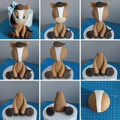 there are many different pictures of the same horse on this cake, including one with a blue bow