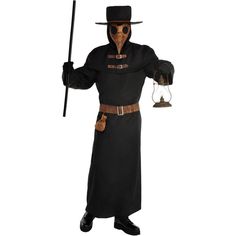 Take on the haunting look of a plague doctor with this ankle-length robe hooded beak mask and wide-brimmed hat. The costume even includes a utility belt with a functional pouch to store your herbs tinctures or other means of healing. pbAdult Plague Doctor Costume product details:-b-p ul liLongline robe ul liAttached cowl with faux buckles-li liRear hook-and-loop closure-li liPolyester and metal-li -ul -li liHooded beak mask ul liBlack mesh eye openings-li liMetal dome stud details-li liPolyester Beak Mask, The Plague Doctor, Plague Doctor Costume, Party City Costumes, The Mask Costume, Creepy Costumes, Doctor Costume, The Plague, Scary Halloween Costumes