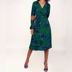 New With Tags! A Budding Romance Is Sure To Blossom When You Walk In The Room Wearing The Lulus Romantic Blooms Green Floral Print Midi Wrap Dress! An Elegant Floral Print, In Shades Of Blue And Green, Adds Femme Detail To This Sleek Woven Wrap Dress, With A Plunging Neckline And Long Sleeves With Elasticized Flounce Cuffs. Self-Tie Sash Cinches The Waist Above A Modest Midi Skirt. Pair With Lace-Up Heels For A Fun And Flirty Look! Fit Bust: Great For Any Cup Size. Waist: Loosely Fitted. Hip: No Elegant Green V-neck Floral Dress, Elegant Green Floral V-neck Dress, Green Floral Print Dress For Work, Green Floral Print Work Dresses, Green Floral Knee-length Dress For Brunch, Green Floral Print Midi Dress For Work, Woven Wrap, Midi Wrap Dress, Green Floral Print