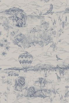 an animal themed wallpaper with animals and hot air balloons in the sky above it