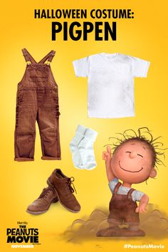 an advertisement for the peanuts movie featuring a little boy in overalls and t - shirts