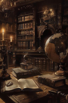 an old library filled with books and a globe on top of a wooden table next to a lamp