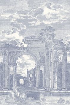 a drawing of an old building with columns and arches