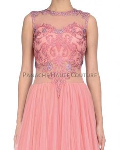 This pink gown is in tulle net with white zircon and thread embroidered bodice. The back neckline of this pink gown is sheer detailing with jewel neckline. The front neckline is finely crafted sweetheart neckline of the bodice. #wedding #weddinggowns #gowns #bridal #hautecouturegowns #fashion Indowestern Dresses, Indowestern Gowns, Western Gown, Indo Western Gown, Curated Outfit, Haute Couture Gowns, Add Sleeves, Pink Gown, Long Gown Dress