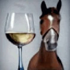 a horse standing next to a glass of wine