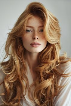 Amplified with layers and a blowout, this voluminous long wavy hair boasts maximum bounce and body, making it a head-turning look. See more below. Side Bangs With Long Hair, Strawberry Blonde Hair Color, Red Hair Woman, Strawberry Blonde Hair, Long Hair With Bangs, Strawberry Blonde, Ginger Hair, Hair Transformation