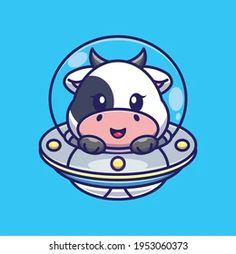 a cow is sitting on top of a flying saucer with its head in the center