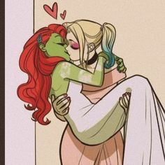 an image of a woman hugging a man with red hair and green skin wearing a white dress