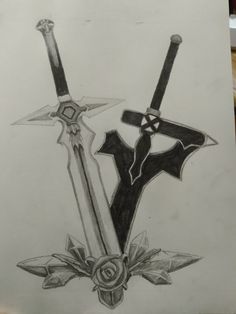 Kirito Swords Crossed Tattoo, Sao Tattoo Ideas, Rosary Artwork, Simple Demon Slayer Tattoo, Sao Tattoo, Tattoo 2022, Slayer Tattoo, Sao Anime