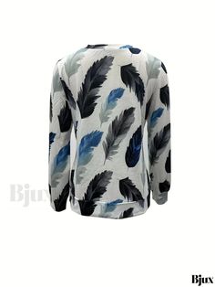 Bjux - Chic Zipper Detail Long Sleeve Blouse with Feather Print - Womens Fashion Long Sleeve Feathered Tops For Fall, Long Sleeve Feather Top For Fall, Spring Long Sleeve Tops With Feathers, Fall Care, Feather Print, Zipper Detail, Chest Pad, Casual Shirt, Types Of Shirts