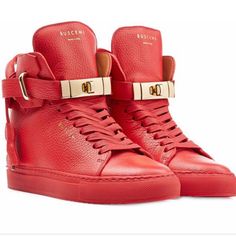 Buscemi Red Sneaker Wedges New With Gold Accessories Size 10 Buscemi Sneakers, Wedge Sneakers Outfit, High Top Wedge Sneakers, Hidden Wedge Sneakers, Heel Sneakers, Cl Fashion, Red High Tops, Wedge Heel Sneakers, Red Wedges