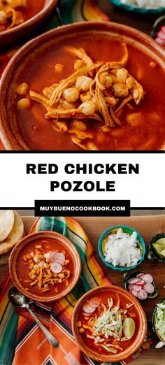 Red Chicken Pozole in two bowls. Red Chicken Posole Recipes, Chicken Pozole Recipe Easy, How To Make Chicken Pozole, Pasole Recipe Chicken Red, Chicken Red Pozole Recipe, Mexican Chicken Pozole, Crock Pot Pozole Chicken, Chicken Poloze Soup, Instant Pot Posole Chicken