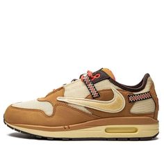 Nike Travis Scott x Air Max 1 'Wheat' DO9392-701 (SNKR/Unisex/Low Top) Brown Sneakers With Air Max Cushioning For Outdoor, Nike Beige Outdoor Sneakers, Nike Brown Breathable Sneakers, Brown Nike Breathable Sneakers, Travis Scott Air Max 1, Nike Travis Scott, Nike X Travis Scott, Air Max 1, Travis Scott