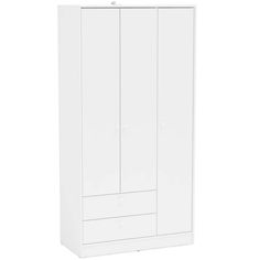 The Cambridge 3 Door/2 Drawer Wardrobe is the perfect solution to all your storage needs. It has a modern design with clean lines and a white finish so you can stay organized without comprising on style. The durable melamine coating is stain and scratch resistant to protect against everyday use. The 2 cabinets, 2 drawers, hanging rod and multiple shelves make organizing easy. This wardrobe is perfect for anyone looking for extra storage and a piece to compliment your current space. Coats Storage Ideas, White Armoire, Wardrobe Storage Cabinet, Armoire Wardrobe Closet, Smart Bedroom, Oak Wardrobe, Cabinet Closet, Bedroom Cupboard, White Wardrobe