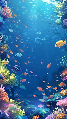 an underwater scene with many different types of fish and plants on the bottom half of the water