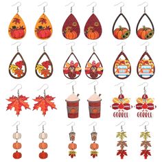 the earrings are decorated with autumn leaves and pumpkins, which is hanging from hooks